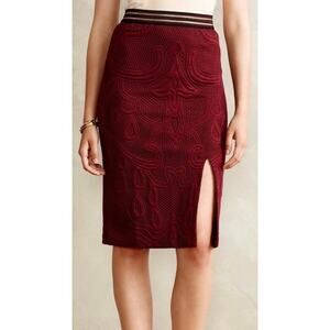 Maeve Size Small Jacquard Slit Red Pencil Skirt Art Nouveau Quilted Wine